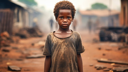 Hungry child from the slums. Poverty and poverty in the world. Dirty beggar boyの素材