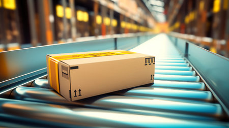 Parcel delivery, packaging and parcel services, cardboard boxes on a conveyor belt in a warehouse, transportation system concept imageの素材