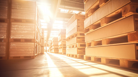 Interior of a warehouse or industrial building. Distribution center, retail warehouse. Part of the storage and shipping system. Includes a box on a shelf, an empty space and a concrete floorの素材