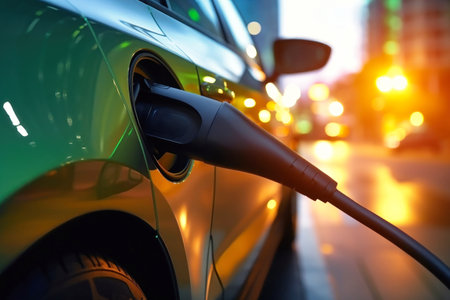 EV Car or Electric vehicle at charging station with the power cable supply plugged in on blurred nature with blue energy power effect. Eco-friendly sustainable energy concept.の素材