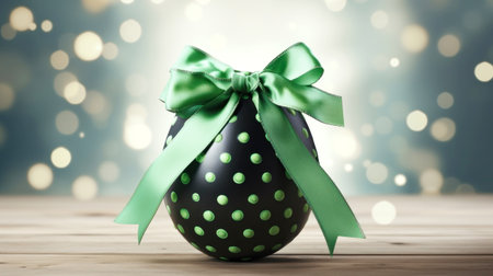 Happy Easter, Easter egg with green satin bow for holiday decoration. Copy space. Symbol of the resurrection of Jesusの素材