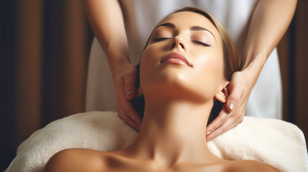 Woman receiving facial or spa massage from cosmetologist in beauty salon for skin treatment and wellness. Girl in luxury relaxation and beauty therapy skin care studio, masseuse.の素材