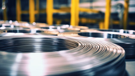 Close-up of aluminum wire spools in a manufacturing plant. Aluminum production. Metalworking. Selective focusの素材