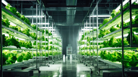 Modern hydroponics. An industrial greenhouse where fresh and healthy products are grown. Industrial cultivation of vegetables and herbsの素材