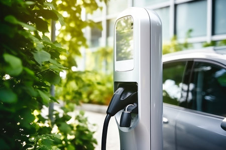 Electric car charging station in a modern city. Availability and environmental friendliness. Green energy. Modern charging station.の素材