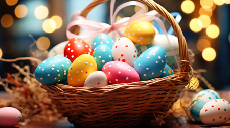 Happy easter. Multi-colored Easter eggs in a wicker wooden basket for holiday decoration. Copy space. Symbol of the resurrection of Jesusの素材