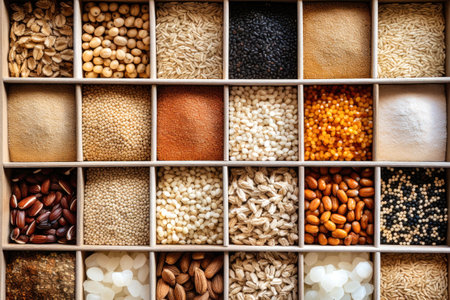 Various groats legumes, grains. Many types of cereals collected together. Agriculture and healthy eating concept. Close-up. Selective focusの素材