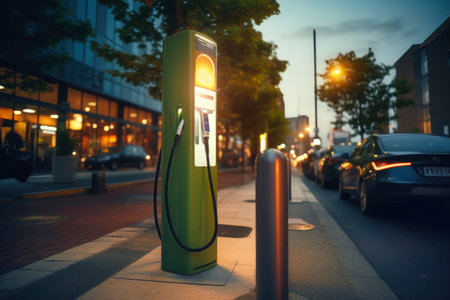Fast charging stations for electric vehicles in a modern city at night. Charging station for cars with illumination. Electricity supply of the cityの素材