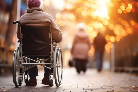 An elderly person with disabilities in a wheelchair in an autumn park. Old age. Walking in a wheelchair in the parkの素材