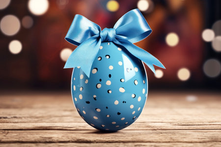 Happy Easter, Easter egg with blue satin bow for holiday decoration. Copy spaceの素材