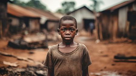 Hungry child from the slums. Poverty and poverty in the world. Dirty beggar boyの素材