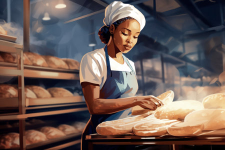 A woman working in a bakery making bread. Private bakery Fresh bread every morningの素材
