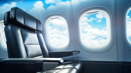 Experience the comfort of a modern passenger aircraft with a view of the sky from your seat.の素材