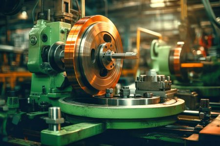 A machine that is working on a piece of metal. Modern metal processing at an industrial enterprise. Manufacturing of high-precision parts and mechanisms.の素材