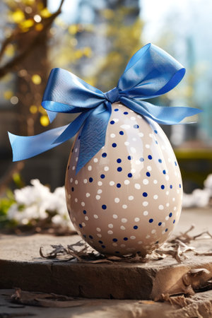 Happy Easter, Easter egg with blue satin bow for holiday decoration. Copy spaceの素材