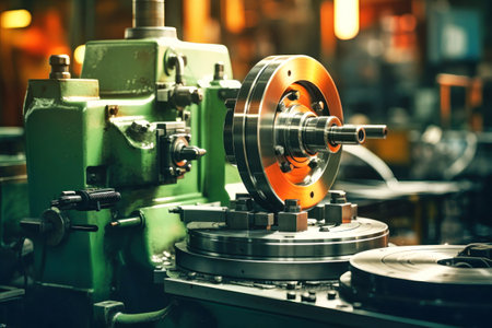 A close up of a machine that is working on a piece of metal. Modern metal processing at an industrial enterprise. Manufacturing of high-precision parts and mechanisms.の素材