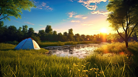 A picturesque painting showcasing a tourist tent nestled peacefully beside a flowing river, epitomizing the unity of travel, nature, and family camping. Hiking and outdoor recreation.の素材