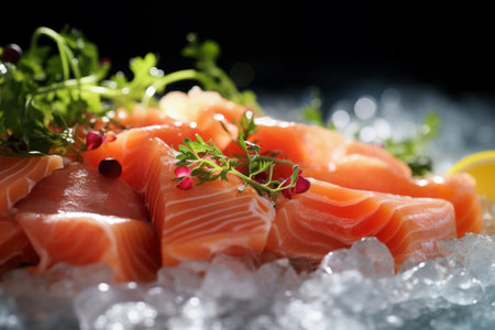 Close-up of fresh chilled fish. Trout or salmon fillet. Red fish ready to eatの素材