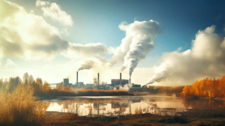 Smoke from a heating station in a big city during the winter season at sunset. Smoke stack pipes emitting carbon dioxide from a coal-fired power plant into the atmosphere