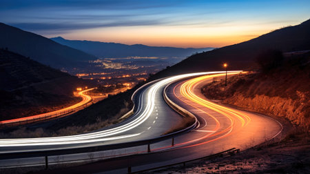 A captivating long exposure photograph showing the blur of car lights on a highway at night.の素材