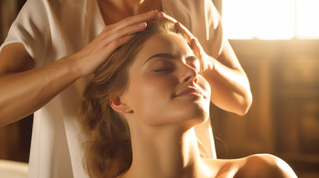 Woman receiving facial or spa massage from cosmetologist in beauty salon for skin treatment and wellness. Girl in luxury relaxation and beauty therapy skin care studio, masseuse.の素材