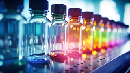 A production conveyor in the pharmacology industry with a row of glass bottles filled with liquid. Bottles with medicines on the conveyor. Selective focus. Close-up.の素材