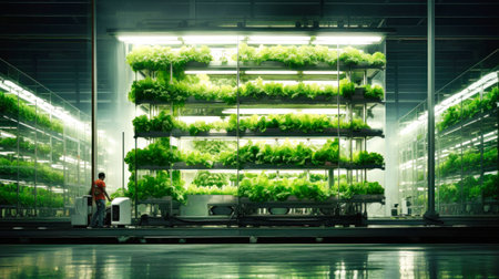 Growing food all year round using hydroponics. Fresh eco-friendly greens in the greenhouseの素材