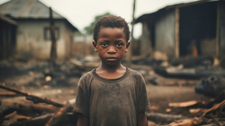 Portrait of an unhappy homeless child from a poor areaの素材