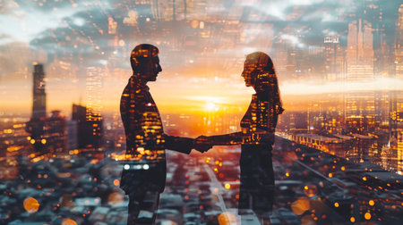 Silhouettes of two people shaking hands in front of a cityscape, expressing modern business relations. Silhouettes of people. Love in the modern world. Business relations.の素材