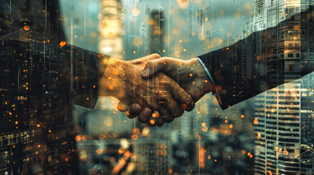 Two businessmen make a deal, shaking hands against the backdrop of a modern cityscape. Silhouettes of people on an abstract city background. Modern business.の素材