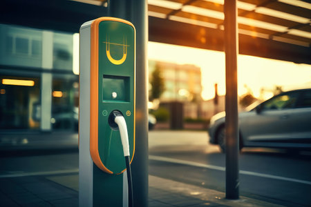 Fast charging stations for electric vehicles in a modern city at night. Charging station for cars with illumination. Electricity supply of the cityの素材