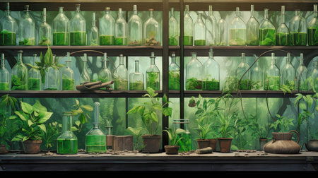 Laboratory experiments on plants, research in a chemical laboratory, liquid in a beaker and laboratory equipment and a transparent podium. Bioengineering and plant studiesの素材