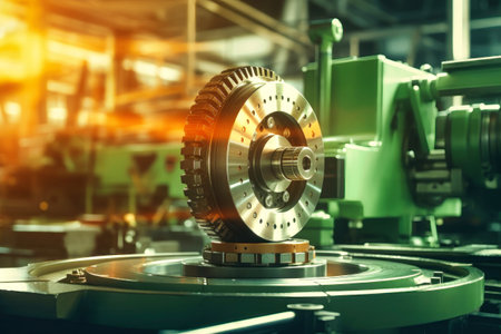 A close up of a machine in a factory. Modern metal processing at an industrial enterprise. Manufacturing of high-precision parts and mechanisms.の素材