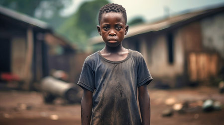 A poor little boy stands in a smoking dump on the outskirts of a slum. Poverty and hunger concept. Help hungry children.の素材