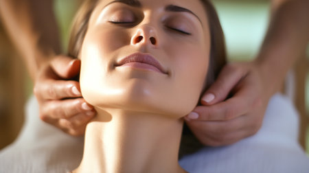 Portrait of a beautiful gorgeous relaxed pleasant woman with neck pain, professional head acupuncture massage therapist, modern beauty spa, aroma oil. Massage therapist for face and body skin care.の素材