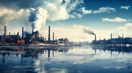 A large factory or power plant with large chimneys that produce large amounts of gases and smoke. The topic of air pollution.の素材