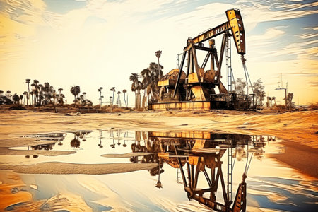 Creative decoration. Oil pump and oil refinery at sunset. Energy industrial concept. Selective focusの素材