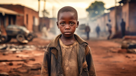 A poor little boy stands in a smoking dump on the outskirts of a slum. Poverty and hunger concept. Help hungry children.の素材