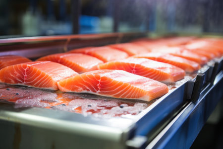 A production line of fresh salmon fillets at a fish processing factory. Close-upの素材