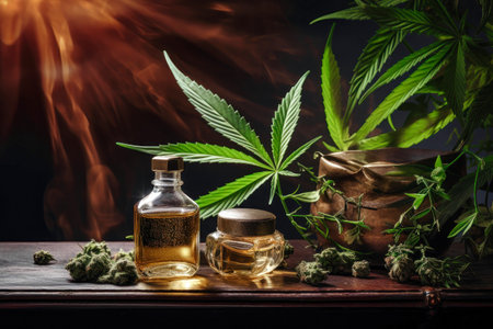 Herb and leaves of hemp for treatment (decoction, tincture, extract, oil). Smoking mixture. Cannabis oil. Legalization. Selective focusの素材