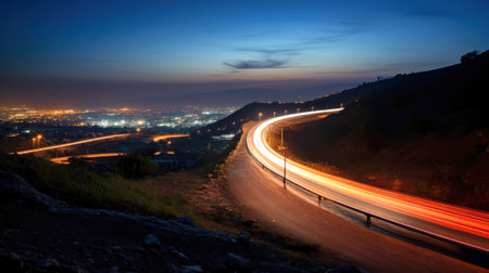 A blurred stream of car lights on a night highway captured through long exposure.の素材