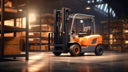 A modern forklift for working in a warehouse, loading, unloading and transporting goods. Logistics warehouseの素材