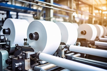 Automated equipment for paper production. Paper production plant. Machines that roll paper into rollsの素材