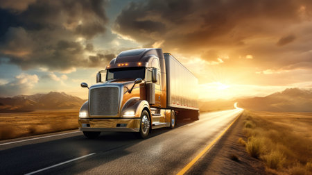 Truck on the highway at sunset. The sun drops below the horizon, casting a warm orange light on an open, powerful semi-trailer with a cargo, rushing into the distance along the highwayの素材