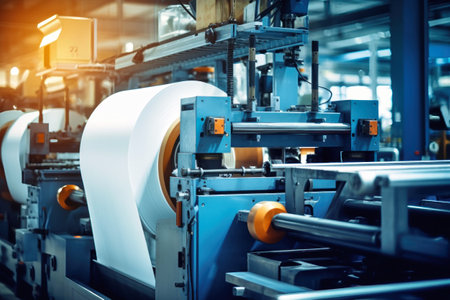 Modern paper production plant. Close-up of industrial equipment. Coated paper and cardboardの素材