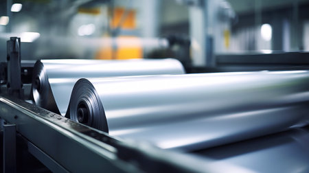 A rolling mill press machine produces a sheet of metal from a block of aluminum. Heavy metal rolling equipment. Selective focus.の素材