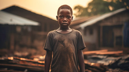 A poor little boy stands in a smoking dump on the outskirts of a slum. Poverty and hunger concept. Help hungry children.の素材