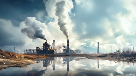 Chemical plant with chimney Smoke from factory chimneys at sunset, environmental issues and air pollutionの素材
