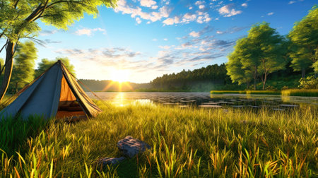 A tent sits on top of a beautiful green field, offering a perfect spot for family camping in unity with nature. Hiking and outdoor recreation.の素材