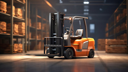 A forklift lifts cargo onto racks in an industrial warehouse. Forklift for warehouse and industryの素材